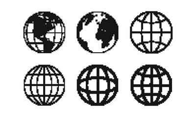 Cool Pixel Planet Earth Y2K Vector Icon. Globe Sign. - obrazy, fototapety, plakaty