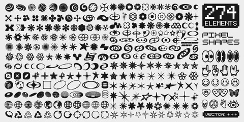 Set Of Retro Pixel Elements. Cool Collection Of Y2K Graphics. Acid Rave Abstract Geometric Shapes Vector Design.