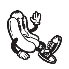 Doodle hot-dog cartoon character. Retro poster vector illustration.