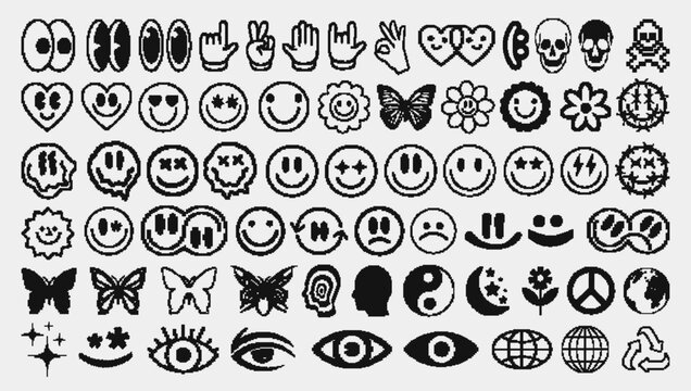 Set Of Pixel Smile Emoticons. Cool Collection Of Y2K Graphics. Acid Rave Abstract Geometric Shapes Vector Design. Retrofuturism Graphics.