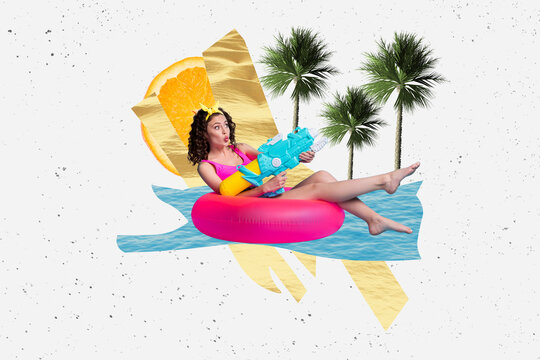 Photo collage artwork picture of impressed lady swimming shooting water gun isolated graphical background