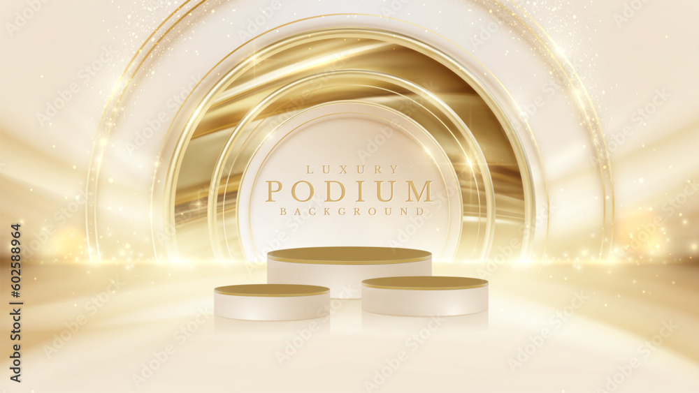 Canvas Prints realistic cream 3d podium pedestal with gold curve on back and light effect decoration and bokeh. ve