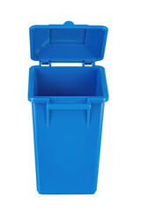 A new unbox blue large plastic bin  isolated on white background. Garbage container with a lid. Concept of cleaning, waste separation, and public hygiene