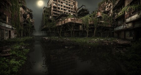 Fototapeta na wymiar Night's Veiled Canvas: Enchanted Post-Apocalyptic City. Overgrown Concrete Jungle. Urban Decay. Abandoned Shopping Center (generative ai)