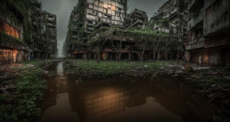 Fototapeta na wymiar The Silent Glow of Nature: Hyper-Realistic Urban Decay. Post Apocalyptic City Ruins. Abandoned Buildings in the Evening. (generative ai)