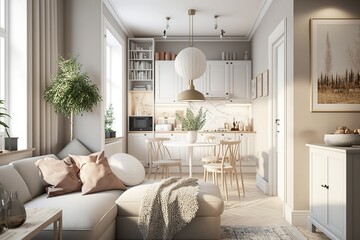 Interior design of modern scandinavian apartment, living room with beige sofa and dining room, panorama