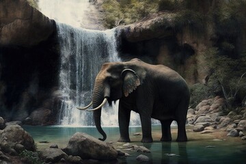Fototapeta na wymiar Waterfall with elephant