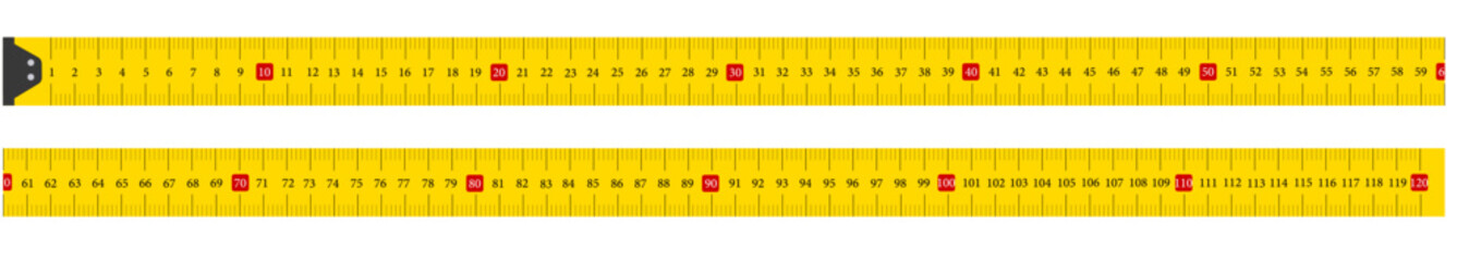 Yellow ruler for measuring length in cm.
Long metric tape with scale. Tape measure with a metal ruler for measuring in millimeters, centimeters and meters. Vector illustration.