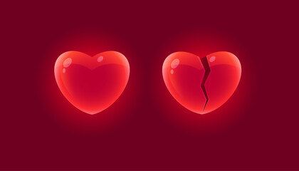 Vector set of red hearts in realistic style isolated from background. Broken heart. Game asset red glossy heart