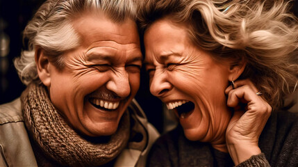 A retired couple put their heads together and giggle heartily and in love., gerenative AI