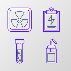 Set line Laboratory wash bottle, Test tube and flask chemical, clipboard with checklist and Radioactive icon. Vector