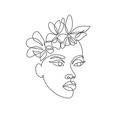 Woman Abstract Face with Flowers One Line Drawing. Female Portrait Minimalist Style. Botanical Print. Nature Trendy Symbol for Cosmetics. Continuous Line Art Fashion Minimal Print. Beauty Logo. Vector