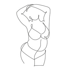 Trendy Line Art Drawing of Curvy Woman Body. Minimalistic Black Lines Drawing. Female Figure Continuous One Line Abstract Drawing. Modern Scandinavian Design. Naked Body Art. Vector Illustration. 