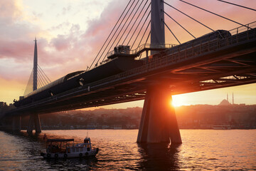 Fototapeta na wymiar Halic Metro Bridge in Istanbul. Modern cable bridge. Beautiful sunset view on Golden Horn.