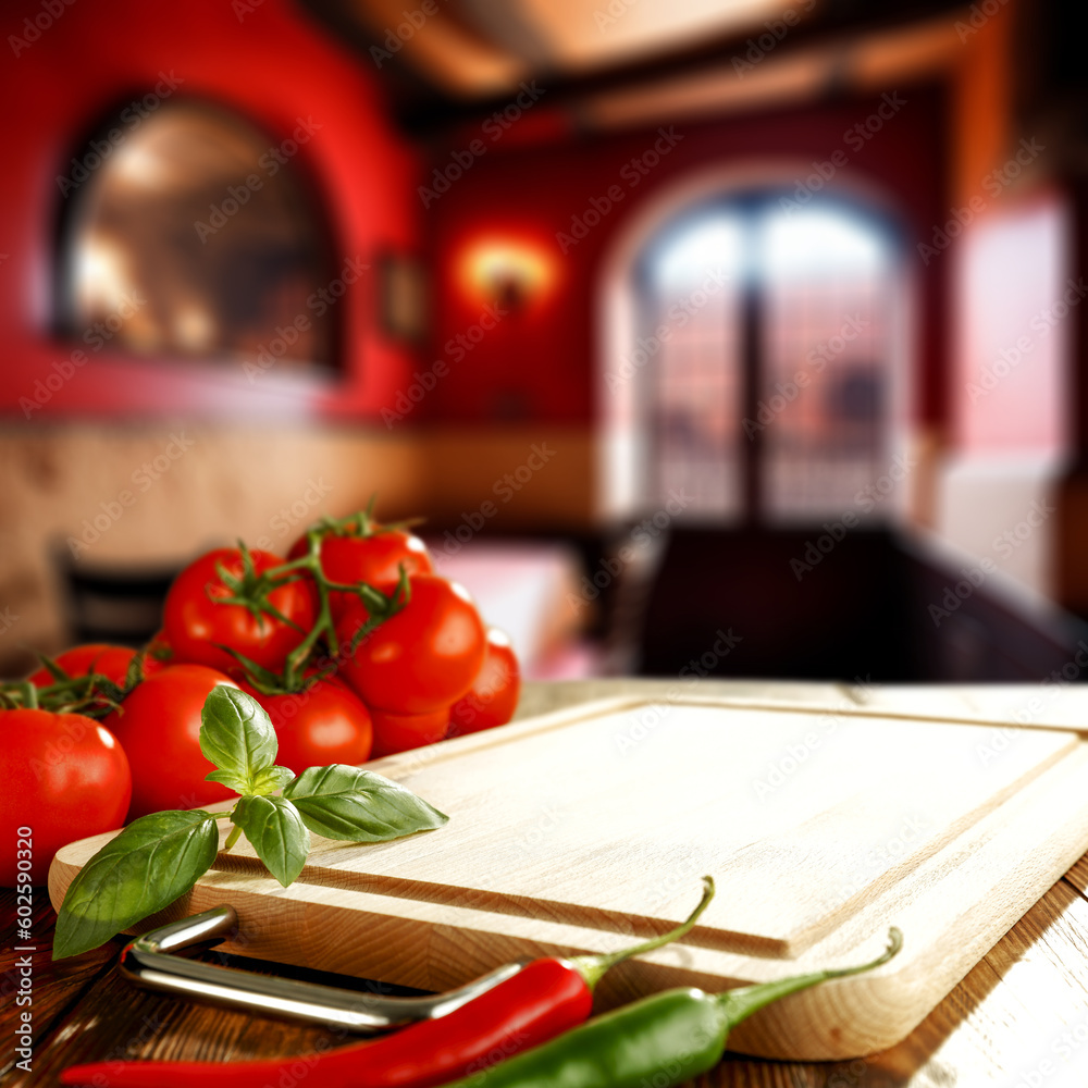 Poster Table background with kitchen desk and dark restaurant interior. 