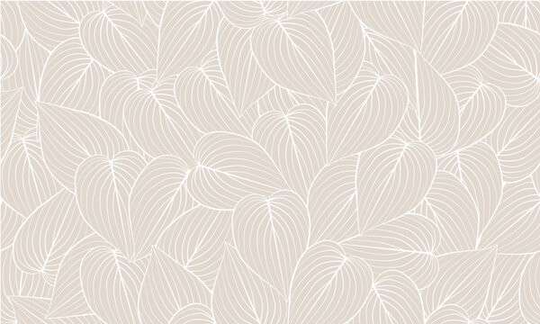 Vector Hand Drawn Line Art Leaves Seamless Pattern. Pastel Floral Background with Leaves in Modern Trendy Linear Style.  