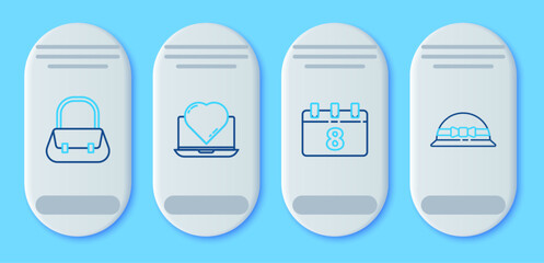 Set line Online dating app and chat, Calendar with 8 March, Handbag and Elegant women icon. Vector