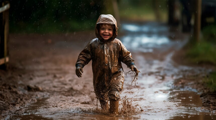 Naklejka premium a child skips through dirty hatches and laughs heartily, gerenative AI
