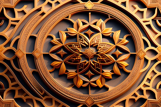 Islamic geometric arabesque pattern texture on the wall decorative wood background. ornamental round ornament. Generative Ai