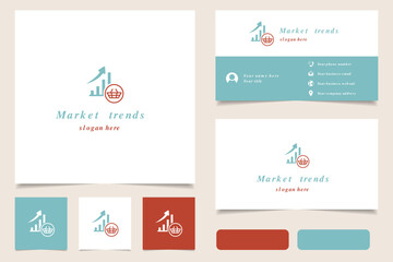 Market trends logo design with editable slogan. Branding book and business card template.