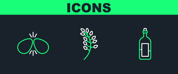Set line Bottle of wine, Easter eggs and Willow leaf icon. Vector