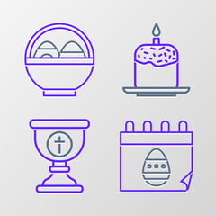Set line Calendar with Easter egg, Christian chalice, cake and candle and Basket easter eggs icon. Vector