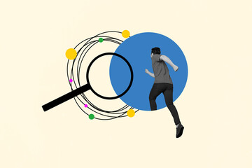 Poster banner collage of scientist young guy searching with magnifying glass find information