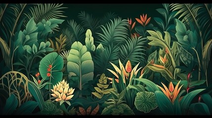 Tropical Paradise: Dark Green Tropical Leaves Landscape Illustration, Background and wallpaper design. Generative AI