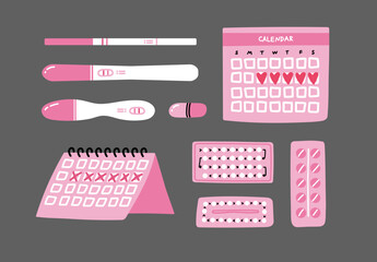 Pregnancy planning, birth control pills, menstrual tracker, periods calendar, ovulation fertility pregnancy test isolated on dark. Cute hand drawn pink design woman health care vector icon set.