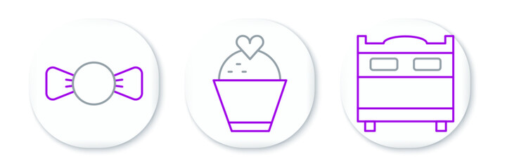 Set line Bedroom, Bow tie and Wedding cake with heart icon. Vector