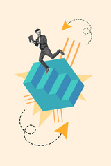 Banner poster collage of manager freelance entrepreneur man using netbook achieve company career challenge growth run up on staircase