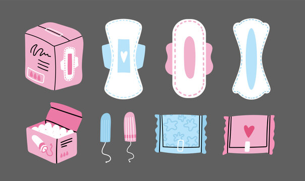 Set of different menstrual pads, sanitary napkins and tampons isolated. Cute hand drawn feminine intimate care goods for menstruation periods. Sanitary pads and cotton tampons packaging vector design.