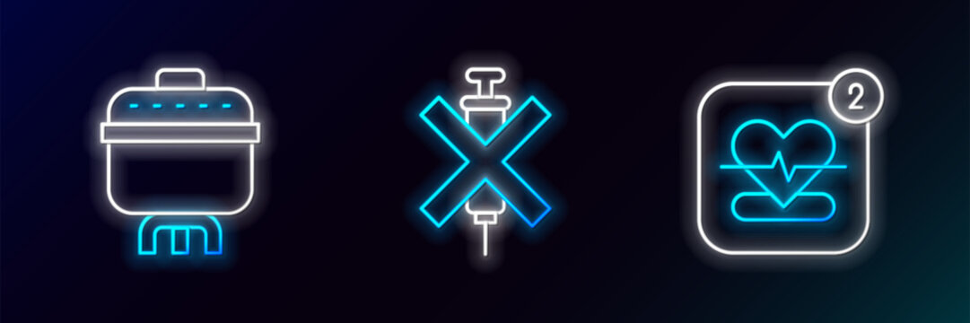 Set line Mobile with heart rate, Cooking pot and No doping syringe icon. Glowing neon. Vector