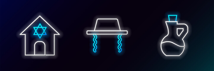 Set line Bottle of olive oil, Jewish synagogue and Orthodox jewish hat icon. Glowing neon. Vector