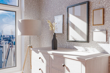 wooden modern dresser standing in room corner; daylight downtown skyline; mock up poster frame collage standing on furniture; home decoration desing; 3D Illustration