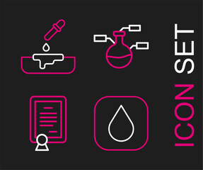 Set line Water drop, Certificate template, Test tube and flask and Petri dish with pipette icon. Vector