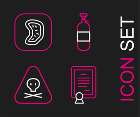 Set line Certificate template, Triangle warning toxic, Propane gas tank and Bacteria icon. Vector