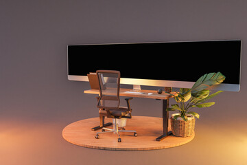single computer workspace on wooden podium with giant widescreen monitor display; freelance and home office concept; 3D Illustration