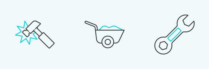 Set line Wrench spanner, Hammer and Wheelbarrow icon. Vector