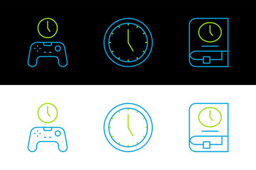 Set line Time for book, Gamepad of time and Clock icon. Vector