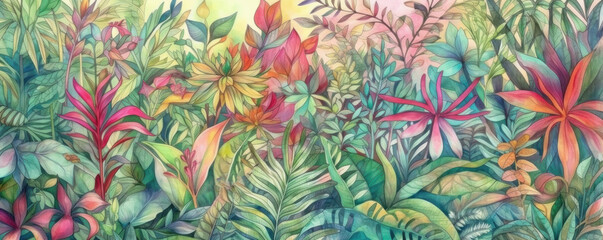 Rainforest, ecology, nature, bio-diversity background. Water color drawing of tropical rain forest with some red flowers bloomimg. Extra wide format, hand edited generative ai based.
