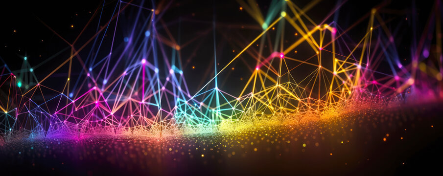 Spark like network grid. Network structure changing from moment to moment like an electric spark. Rainbow like colorful sparks or arcs forming a network. Generative AI.
