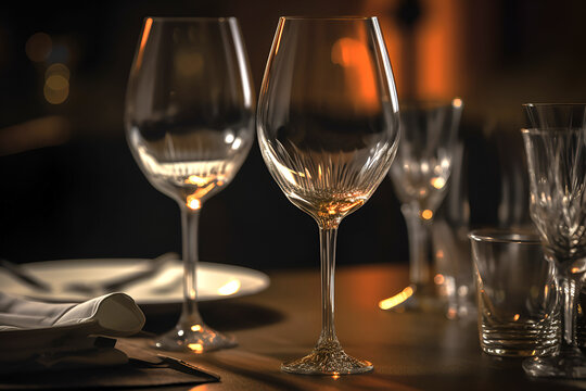 Empty transparent wine glasses on a table on dark background. AI generated