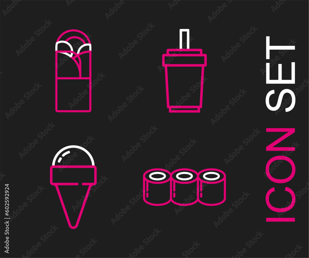 Sticker Set line Sushi, Ice cream in waffle cone, Paper glass with straw and Doner kebab icon. Vector