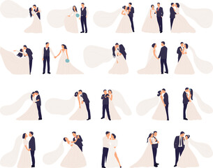 Fototapeta na wymiar set of bride and groom in flat style isolated vector