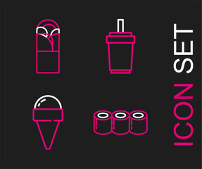Set line Sushi, Ice cream in waffle cone, Paper glass with straw and Doner kebab icon. Vector