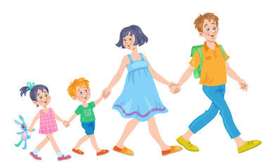 Young happy family goes hand in hand. Father, cute mother, little son and daughter. In cartoon style. Isolated on white background. Vector flat illustration