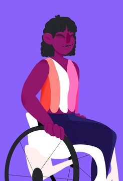 Portrait d&rsquo;une femme en fauteuil roulant, T-shirt aux couleurs du drapeau lesbien