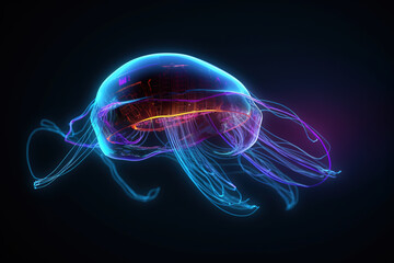 Image of jellyfish with beautiful colors and light with technology concept on a dark background. Wildlife Animals. Illustration, generative AI.