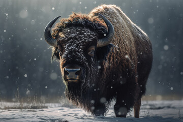 Image of bison standing in a forest with snow on natural background. Wild Animals. illustration. Generative AI.